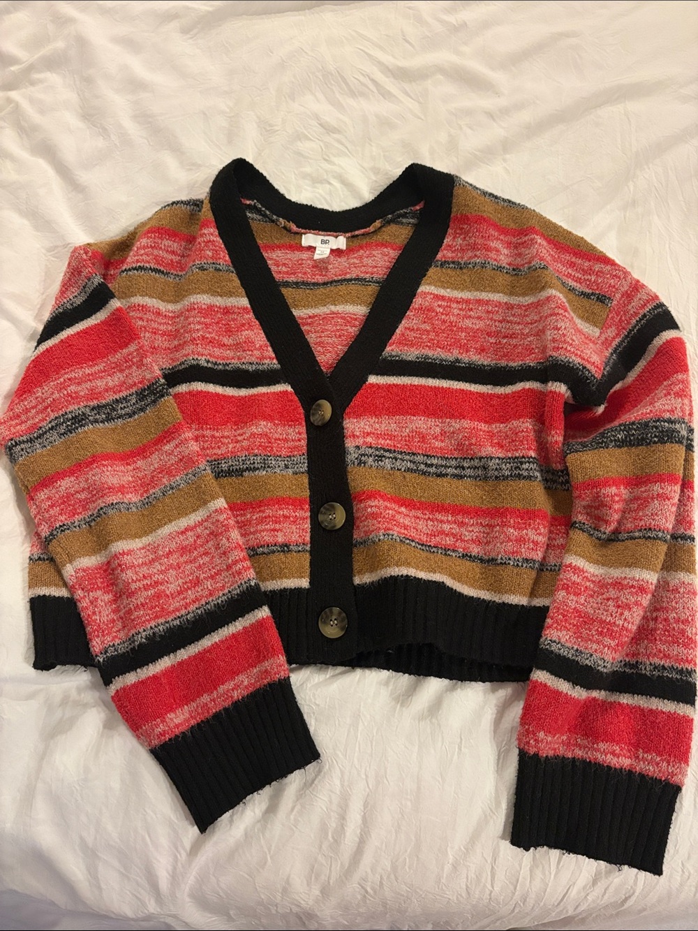 bp Striped V-Neck Button Cardigan - Red, Tan & Black